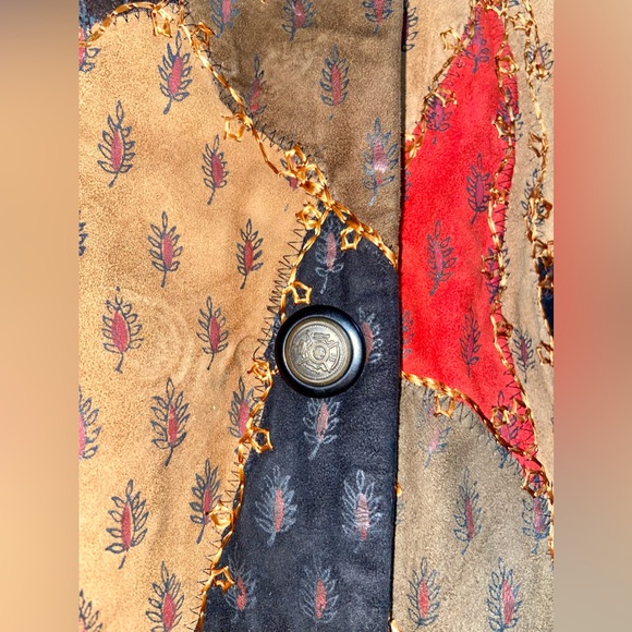 Kroshetta Patchwork Genuine-Leather Suede Jacket Small Vintage Tan/Black/Red - Picture 4 of 7